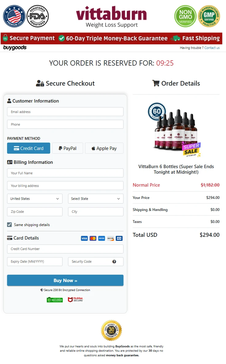 Vittaburn checkout page